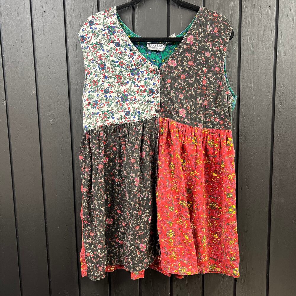 Vintage Bonjour 90s Button Front Floral Color Block Swing Dress Large